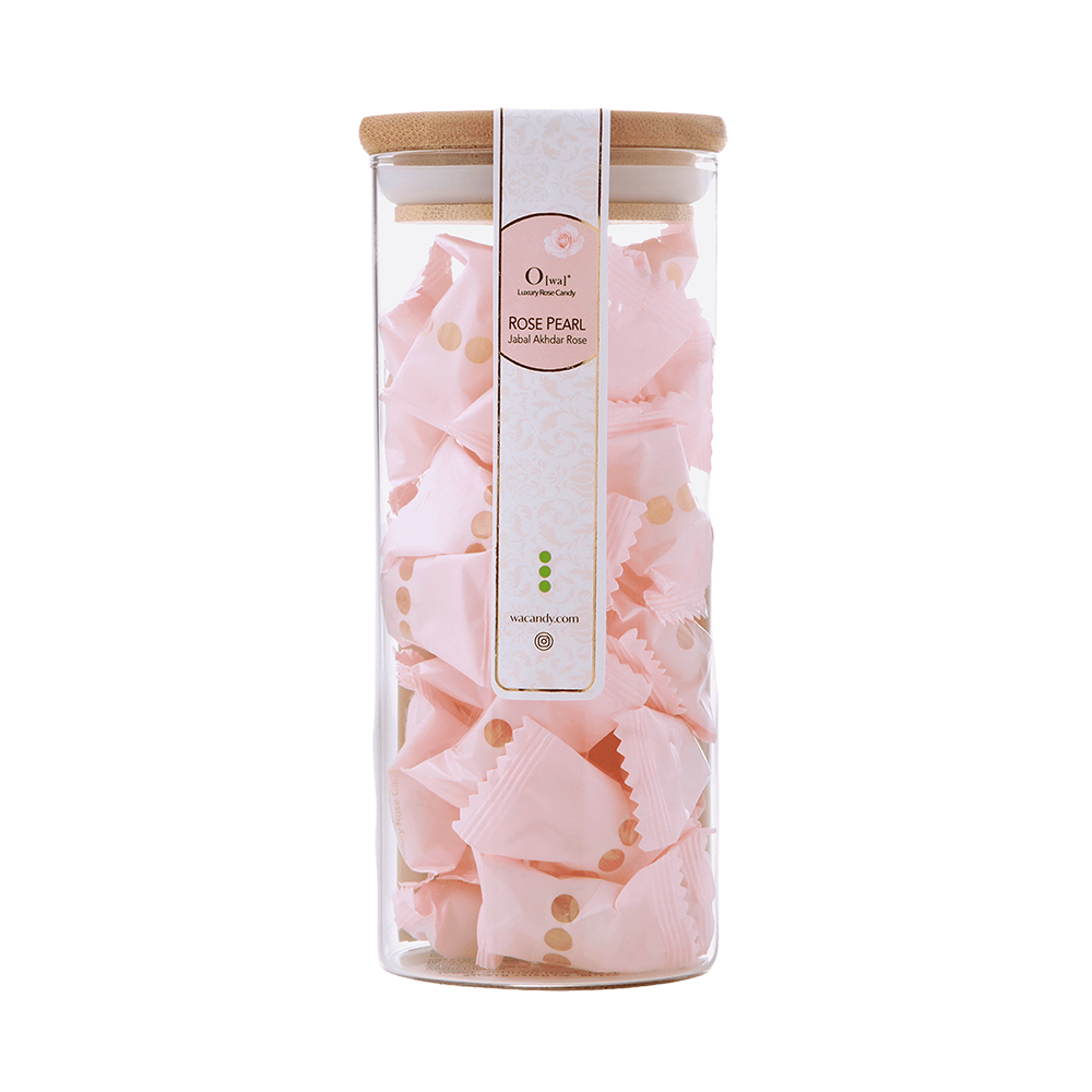 O[wa] Jabel Akhdar ピンクローズキャンディ - ローズパール - 美しい透明グラスに木製の蓋
